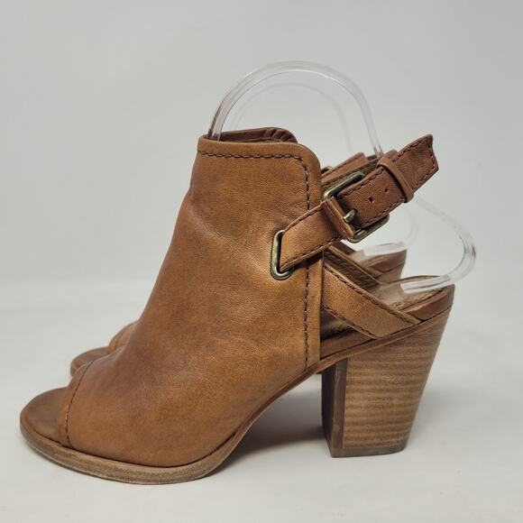 Frye Heels 6.5 Brown Leather Dani Shield Slingback Western Peep Toe Boho Sandals - Picture 7 of 10